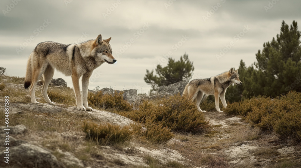 Obraz premium Two wolves standing on a hill with the sky in the background