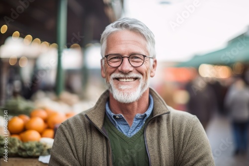 Medium shot portrait photography of a satisfied mature man wearing a cozy sweater against a vibrant farmer's market background. With generative AI technology