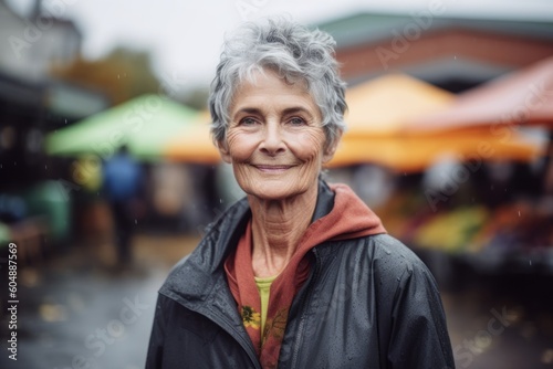 Medium shot portrait photography of a glad mature woman wearing a lightweight windbreaker against a vibrant farmer's market background. With generative AI technology © Markus Schröder