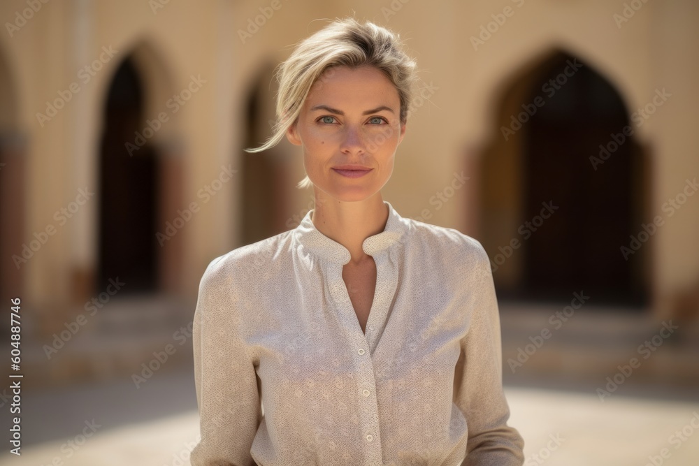 Environmental portrait photography of a grinning mature girl wearing a sophisticated blouse against a peaceful monastery background. With generative AI technology