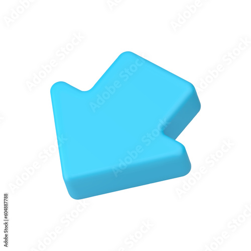 Blue arrow down left diagonal cursor navigation pointer isometric symbol 3d icon realistic vector
