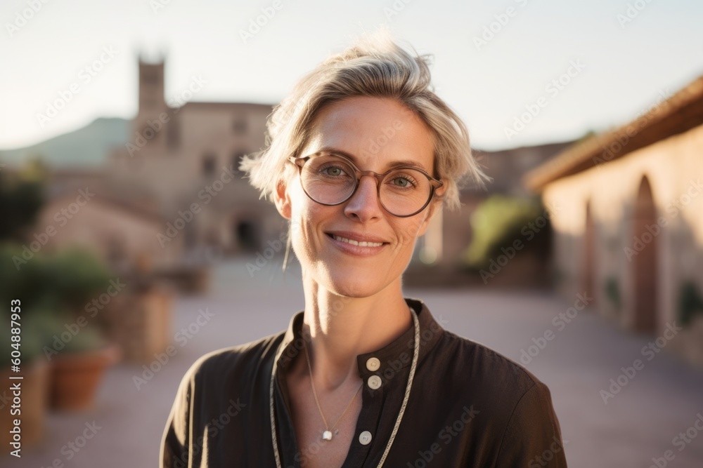 Environmental portrait photography of a grinning mature girl wearing a sophisticated blouse against a peaceful monastery background. With generative AI technology Environmental portrait photography of a grinning mature girl wearing a sophisticated blouse against a peaceful monastery background. With generative AI technology