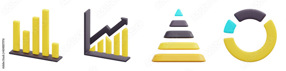 Data Analysis 3d vector icon set. Bar chart, trend, pyramid, pie chart. 3d economy concept. Isolated on white background. 3d icon vector render illustration.