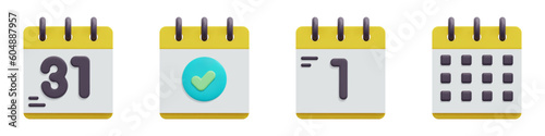 Calendar And Dates 3d vector icon set. 31th day of the month, follow up, new year, yellow calendar. Isolated on white background. 3d icon vector render illustration.