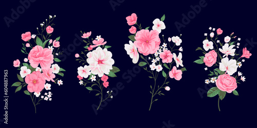 Set of bouquets with pink roses and daisies