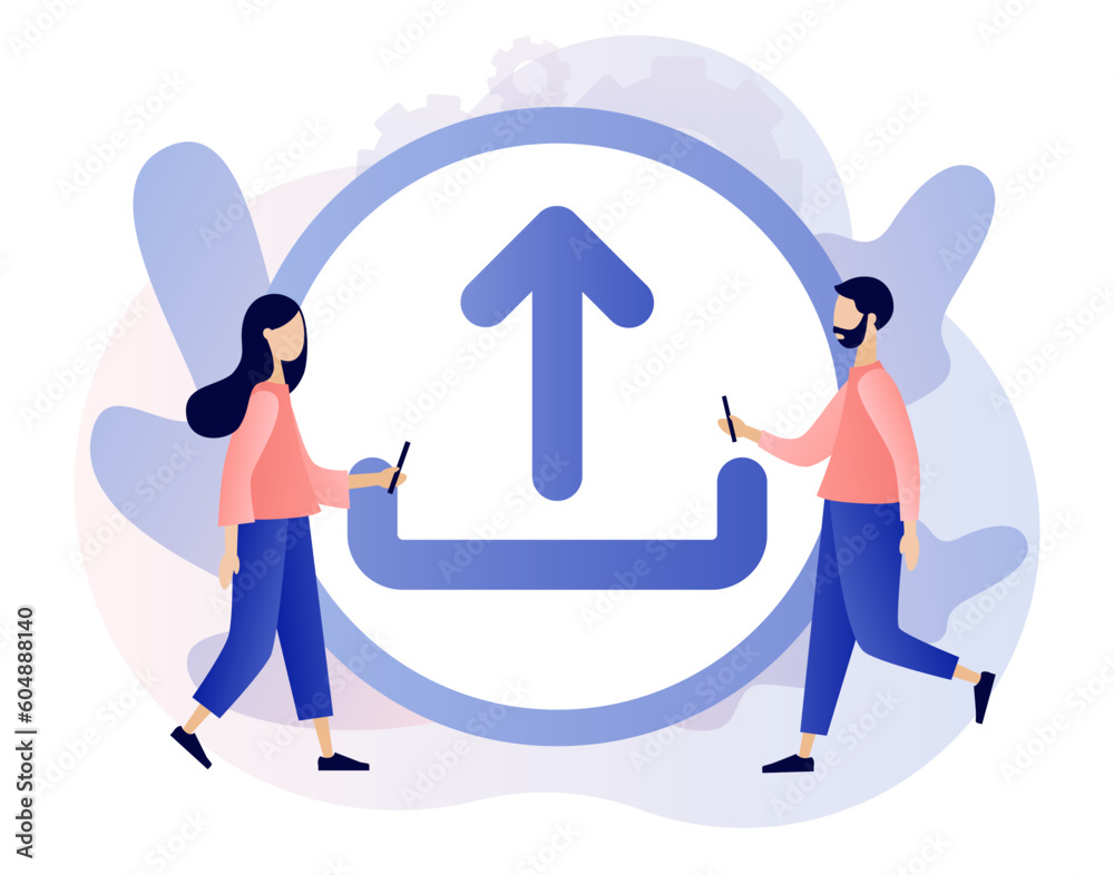 Upload symbol. Tiny people uploading data, files. Load sign. Data exchange concept. Modern flat cartoon style. Vector illustration on white background Upload symbol. Tiny people uploading data, files. Load sign. Data exchange concept. Modern flat cartoon style. Vector illustration on white background