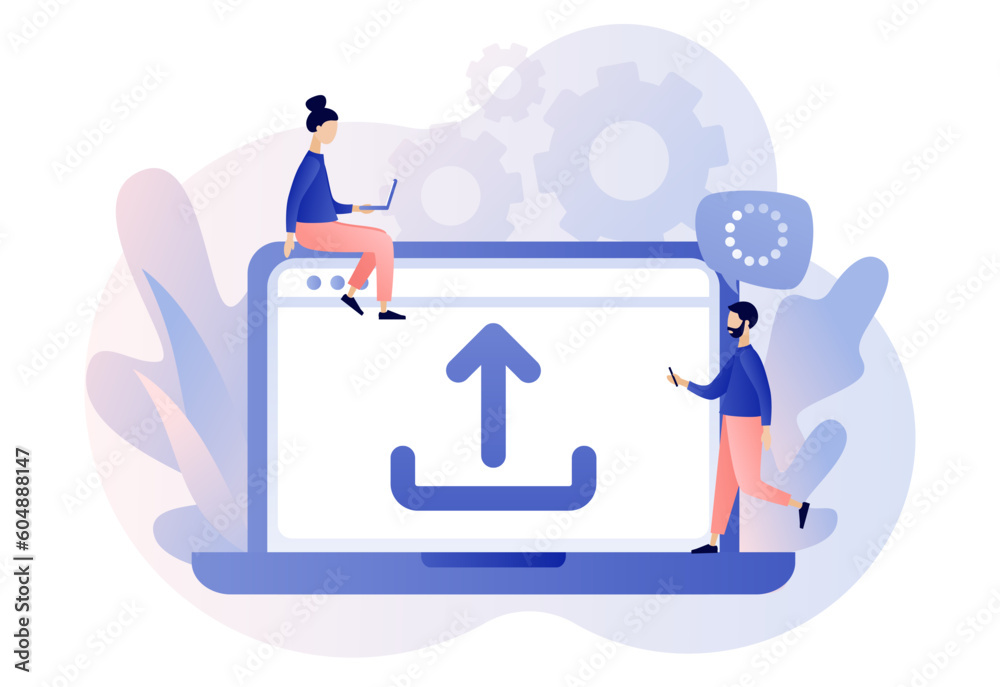 Upload symbol. Load sign. Tiny people uploading data, files from laptop. Data exchange concept. Modern flat cartoon style. Vector illustration on white background
Upload symbol. Load sign. Tiny people uploading data, files from laptop. Data exchange concept. Modern flat cartoon style. Vector illustration on white background