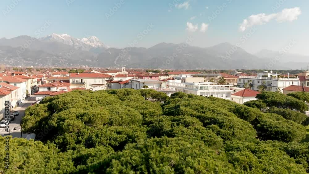 Aerial view of Forte Dei Marmi skyline, going down to the city Aerial view of Forte Dei Marmi skyline, going down to the city