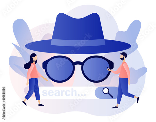 Incognito mode concept. Anonymous search. Online privacy and personal data protection. Browse in private. Confidential information. Modern flat cartoon style. Vector illustration on white background