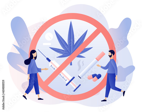 Say no to drug. Addiction treatment, narcotic addict medication. Problem addiction. International day against drug abuse. Modern flat cartoon style. Vector illustration on white background