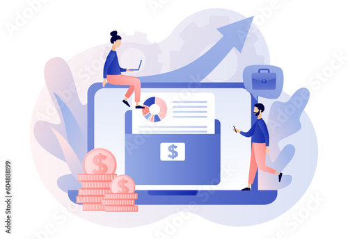 Investment portfolio online. Tiny people with stock portfolio planning invest strategy, savings and budgets. Diversified assets. Financial management concept. Modern flat cartoon style. Vector 