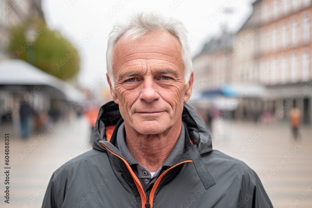 Close-up portrait photography of a satisfied mature man wearing a lightweight windbreaker against a bustling city square background. With generative AI technology Close-up portrait photography of a satisfied mature man wearing a lightweight windbreaker against a bustling city square background. With generative AI technology