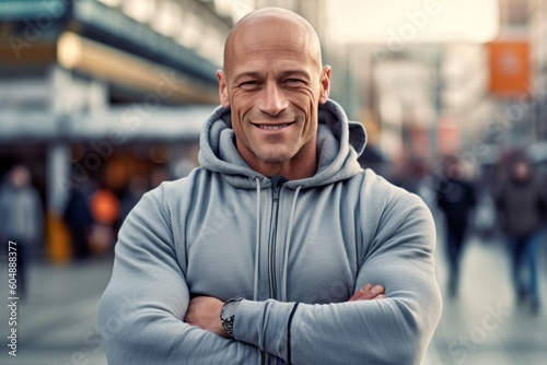 Medium shot portrait photography of a grinning mature man wearing a comfortable tracksuit against a bustling city square background. With generative AI technology