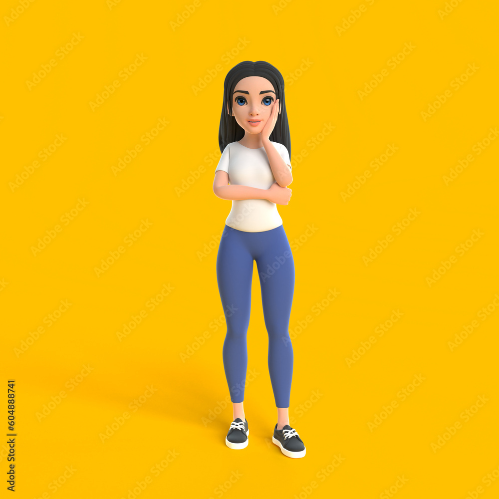 Cartoon cute girl in a white t-shirt and jeans props her head up with her hand and thinking about something on a yellow background. Woman in minimalist style. People characters illustration. 3d render Cartoon cute girl in a white t-shirt and jeans props her head up with her hand and thinking about something on a yellow background. Woman in minimalist style. People characters illustration. 3d render