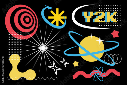 Trendy Y2K set of abstract retro elements  signs and symbols. Decorative vector objects in 2000s aesthetics.