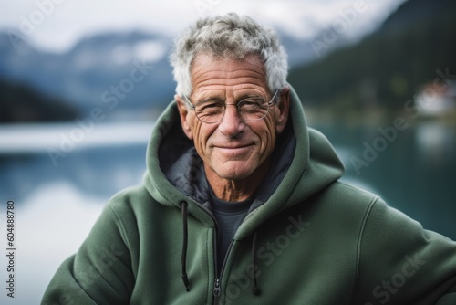Photography in the style of pensive portraiture of a joyful mature man wearing a comfortable hoodie against a serene alpine lake background. With generative AI technology