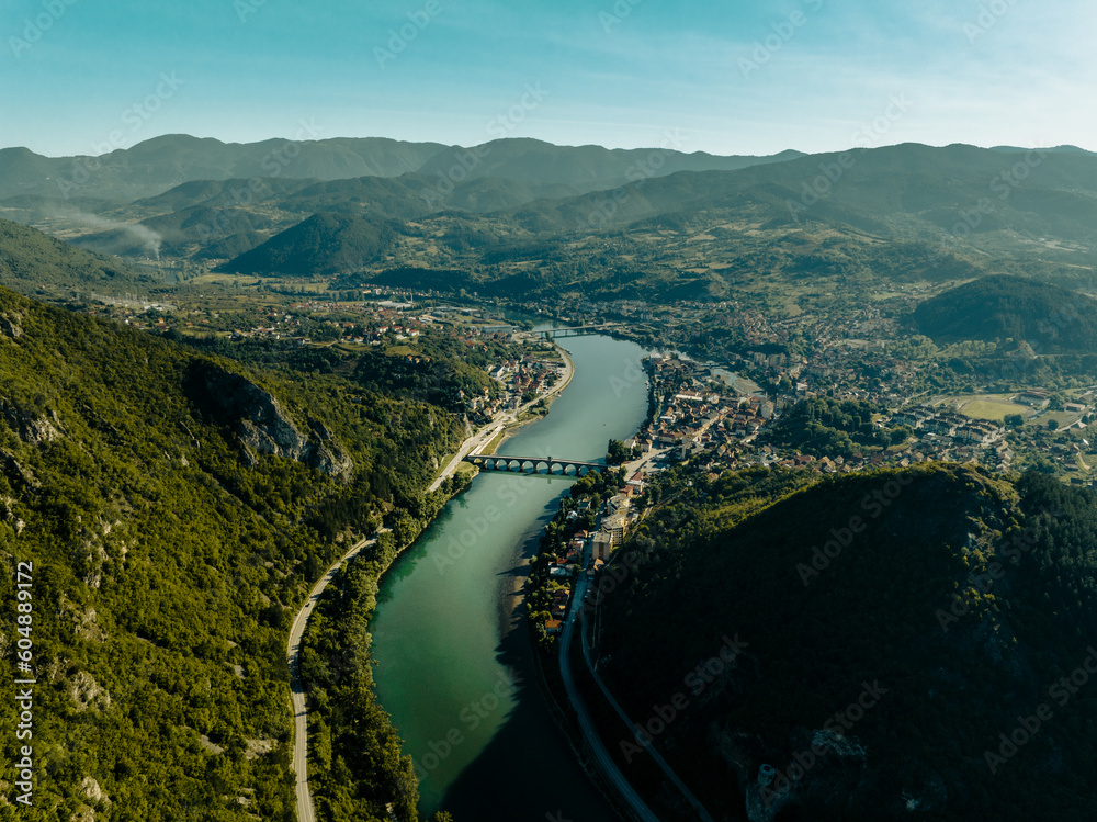 Bridge over Drina in Višegrad (Bosnia and Hezegovina) Aerial View