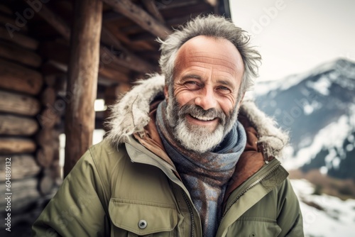 Conceptual portrait photography of a joyful mature man wearing a warm parka against a picturesque mountain chalet background. With generative AI technology