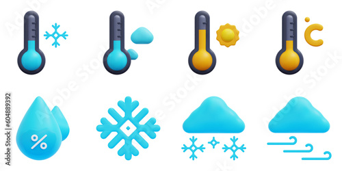 Weather 3d vector icon set. Cold, cool, heat, temperature, humidity, snowflake, snowy, windy. Isolated on white background. 3d icon vector render illustration.
