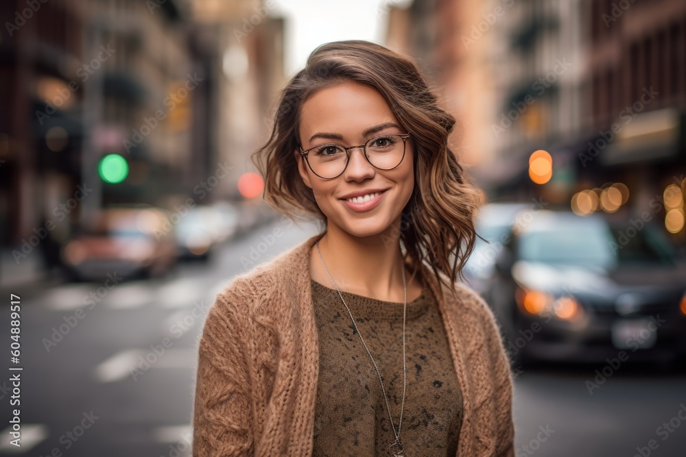 Lifestyle portrait photography of a glad girl in her 30s wearing a chic cardigan against a lively downtown street background. With generative AI technology