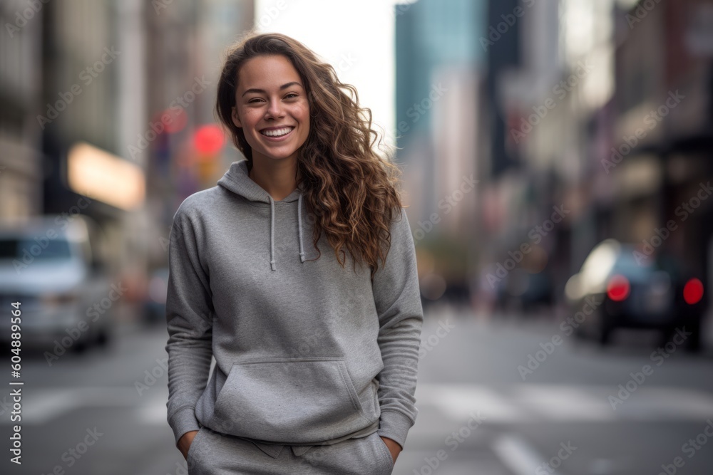 Medium shot portrait photography of a glad girl in her 30s wearing soft sweatpants against a lively downtown street background. With generative AI technology