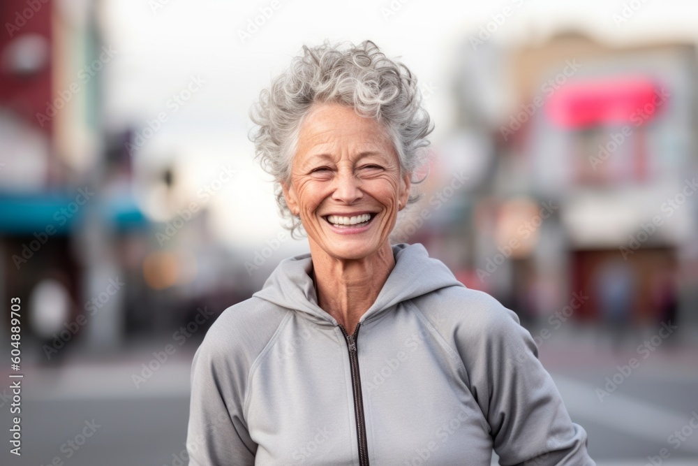 Medium shot portrait photography of a happy mature woman wearing a comfortable tracksuit against a lively downtown street background. With generative AI technology