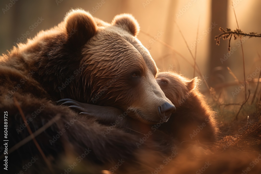 Fototapeta premium Mother bear cuddling tiny bear child