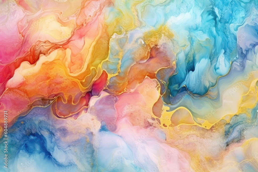 Translucent Dreams: Natural Luxury Abstract Fluid Art Painting Utilizing Alcohol Ink Technique, Highlighting Currents of Translucent Hues and Snaking Metallic Swirls. Generative AI