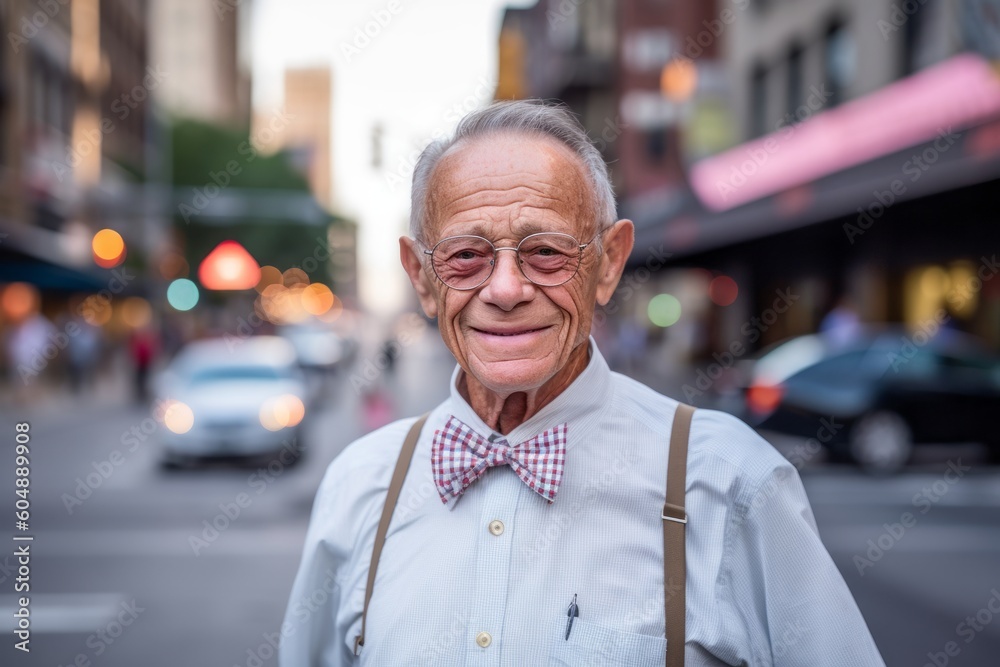 Medium shot portrait photography of a glad old man wearing a classy button-up shirt against a lively downtown street background. With generative AI technology Medium shot portrait photography of a glad old man wearing a classy button-up shirt against a lively downtown street background. With generative AI technology