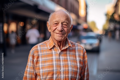 Medium shot portrait photography of a glad old man wearing a classy button-up shirt against a lively downtown street background. With generative AI technology