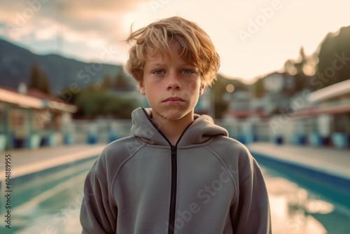 Photography in the style of pensive portraiture of a glad kid male wearing a comfortable tracksuit against a scenic hot springs background. With generative AI technology