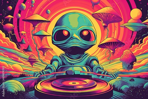 aliens funkyfizing the planet earth with Funky music 70s seventies illustration generative ai