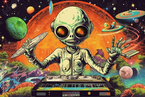 aliens funkyfizing the planet earth with Funky music 70s seventies illustration generative ai photo