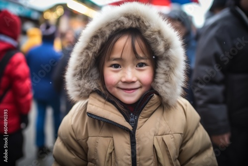 Medium shot portrait photography of a grinning kid female wearing a warm parka against a bustling outdoor bazaar background. With generative AI technology © Markus Schröder