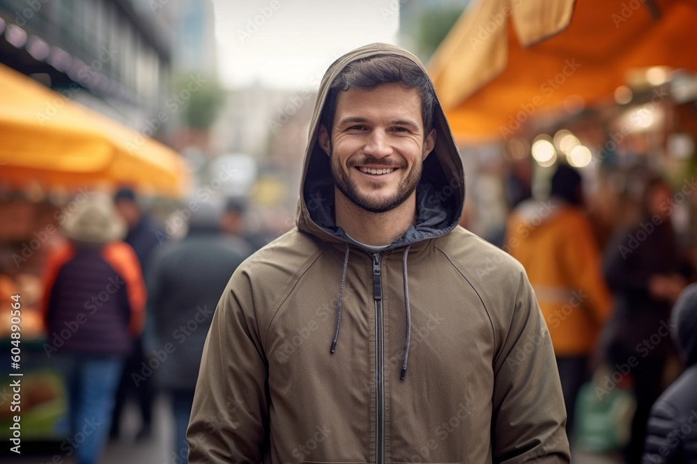 Lifestyle portrait photography of a satisfied mature boy wearing a stylish hoodie against a bustling outdoor bazaar background. With generative AI technology