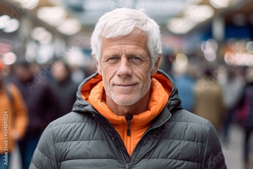 Lifestyle portrait photography of a glad mature man wearing a cozy zip-up hoodie against a bustling outdoor bazaar background. With generative AI technology © Markus Schröder