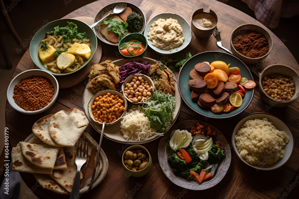 Fresh raw vegetable ingredients for healthy cooking or salad making, top view. Generative AI