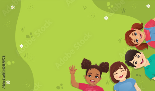 Multiethnic friends. Different kids boys and girls lying on grass together. Summer happy children day background isolated vector illustration