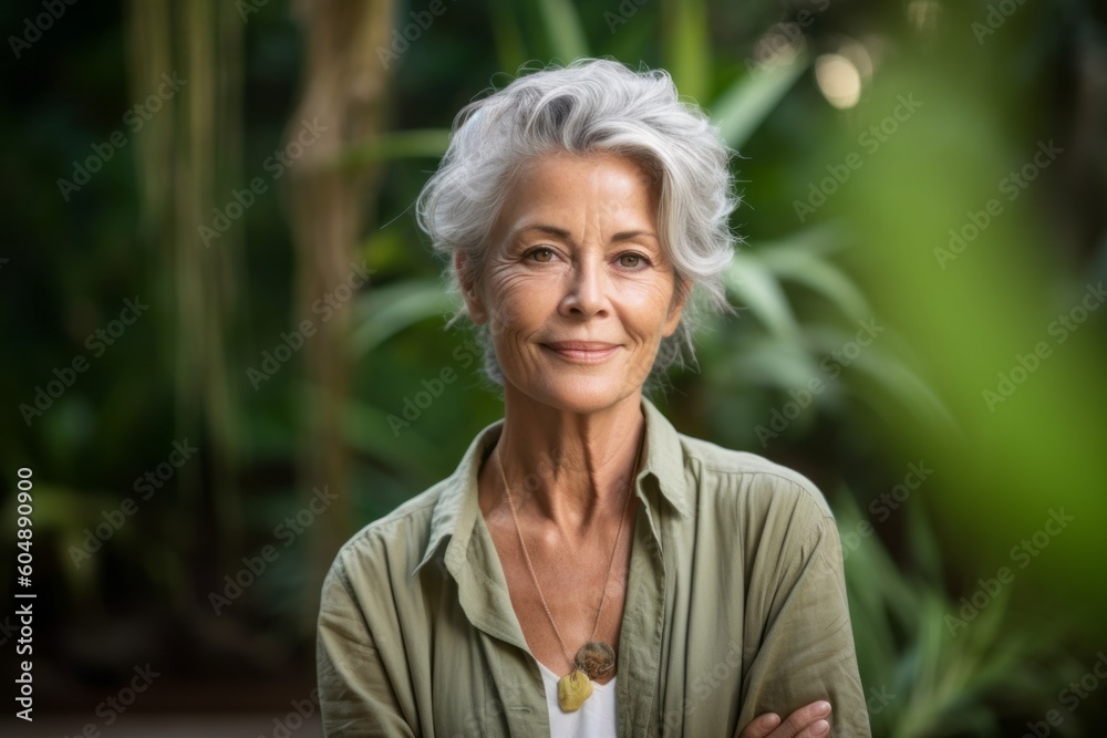 Medium shot portrait photography of a tender mature woman wearing a chic cardigan against a scenic tropical rainforest background. With generative AI technology Medium shot portrait photography of a tender mature woman wearing a chic cardigan against a scenic tropical rainforest background. With generative AI technology