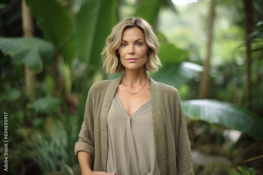 Medium shot portrait photography of a tender mature woman wearing a chic cardigan against a scenic tropical rainforest background. With generative AI technology Medium shot portrait photography of a tender mature woman wearing a chic cardigan against a scenic tropical rainforest background. With generative AI technology