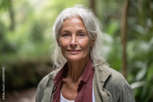 Medium shot portrait photography of a tender mature woman wearing a chic cardigan against a scenic tropical rainforest background. With generative AI technology