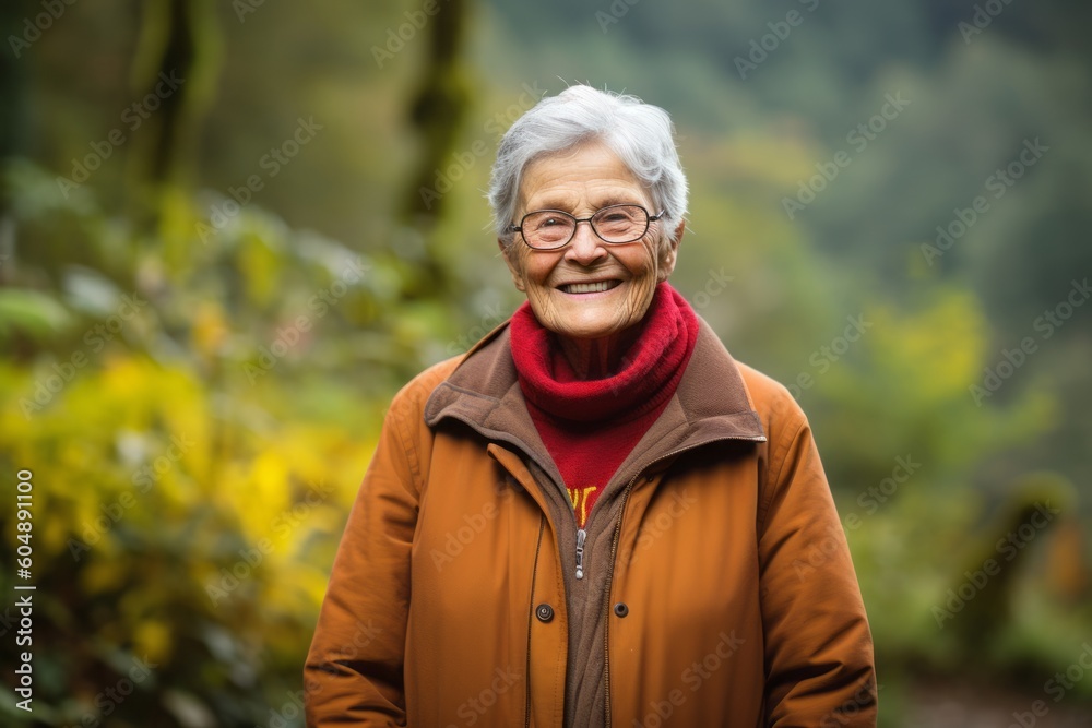 Lifestyle portrait photography of a grinning old woman wearing a cozy winter coat against a scenic tropical rainforest background. With generative AI technology Lifestyle portrait photography of a grinning old woman wearing a cozy winter coat against a scenic tropical rainforest background. With generative AI technology