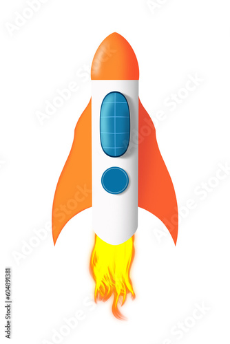 Rocket launch. A white rocket with orange and blue elements and fire escaping from its engines. Png Cartoon Spaceship on a transparent background. 