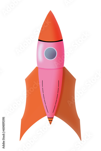Fantastic cartoon-style rocket. Pink pod type spaceship with porthole and orange trim details. Spacecraft png element on transparent background.