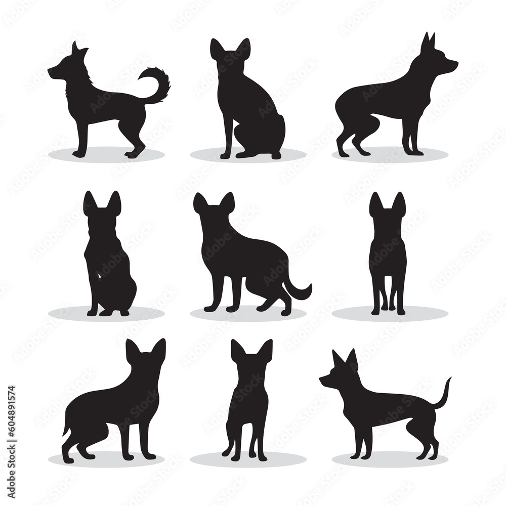 Chihuahua small dog vector icons and silhouettes. Set of illustrations in different poses.