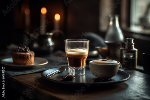  Magnificent breakfast with espresso and macchiato on bar countertop. Generative AI