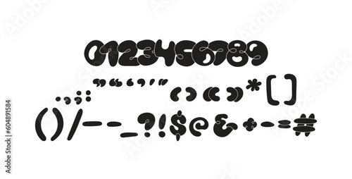 Black Tar Bubble font. Inflated shape numbers and punctuation set. Graffiti style. Y2K trendy style.