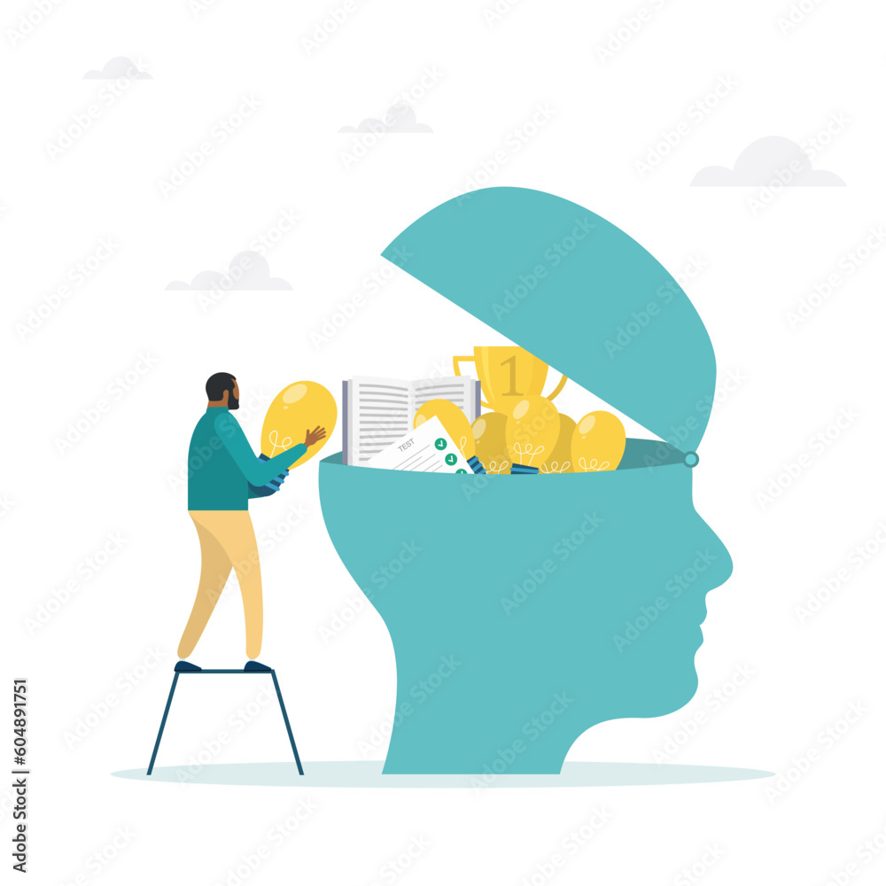 Obraz premium Upgrading skills, learning new things or developing knowledge for new skills. The concept of job qualification, the guy puts the ideas of a light bulb and a book in his head. 