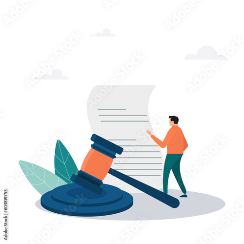 Legal document, attorney or court professional office, concept of law approval document and judgment, guy holding document with gavel, symbol of court or court decision.
