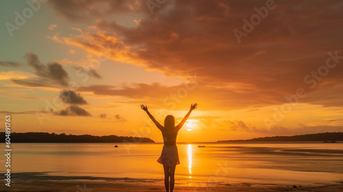 Happy woman silhouette in the sunset